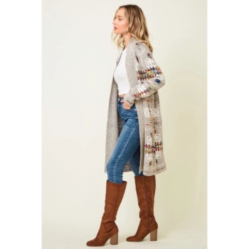 SOLD OUT Oatmeal Rainbow Multi Colored Aztec Tribal Jacquard Open Knit Cardigan - Picture 10 of 10